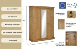 OTTO home Kleiderschrank Indra Massivholz Kiefer FSC zertifiziert Made in Europe (B/H/T ca: 145/187/54 cm) Landhausstil mit Spiegel und flexiblem Stauraumkonzept – Produktbild 1 von 1