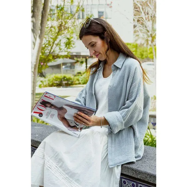 Hutch&Putch Hutch&Putch Musselin Oversize Bluse - Klassische Bluse - Langarmbluse aus 100% Bio-Baumwolle, Aquamarine, – Produktbild 3 von 4
