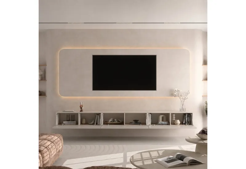 Planetmöbel TV-Schrank West TV-Board, Fernsehtisch 300 cm lang, TV-Lowboard (für Fernseher bis 85 Zoll, TV Schrank viel Stauraum, sideboard hängend, Fernsehschrank 3x 100 x 30 x 37,5 cm) kaschmir, Beige, – Produktbild 3 von 5