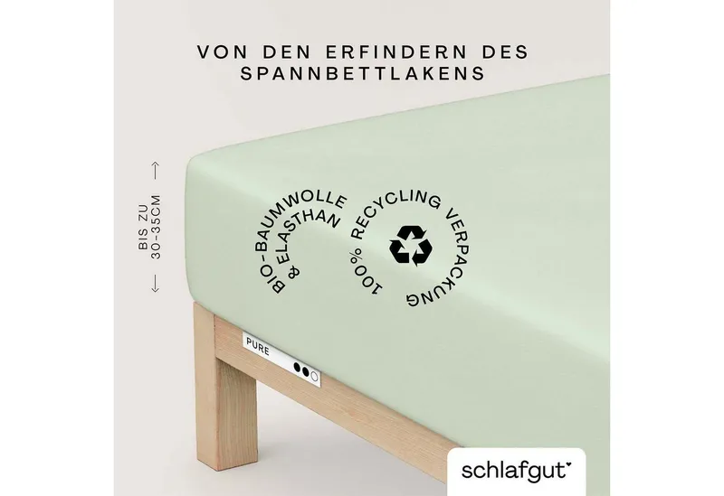 Schlafgut Schlafgut Spannbettlaken PURE Bio-Baumwolle mit Elasthan, 170 g/m², Bettlaken, Spannbetttuch, Jersey, Gummizug: rundum, (1 Stück), PREMIUM Laken für Matratzen bis 30cm Höhe, dehnbar blickdicht, straff, Grün, – Produktbild 2 von 5