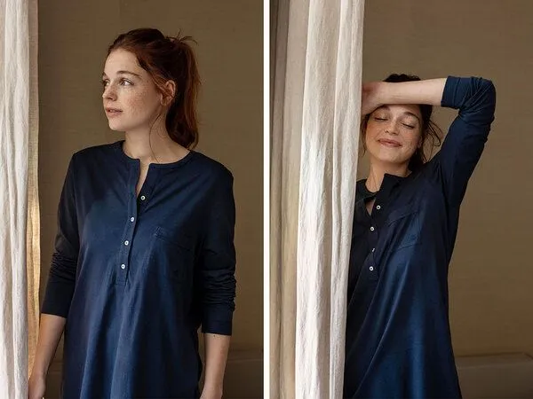 Yumeko Pyjamaoberteil Damen "Yumeko" aus Baumwoll-Jersey, Midnight blue, – Produktbild 1 von 3