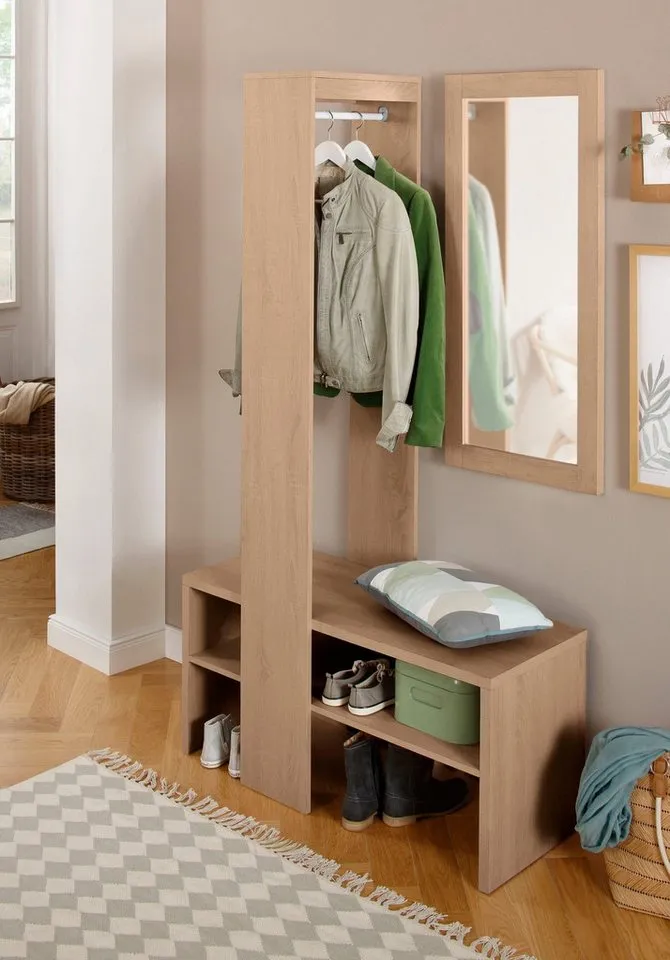 loft24 Kompaktgarderobe Henry - Garderobe Kleiderschrank Dielenschrank Schrank Garderobe mit Kleiderstange und Schuhbank, Eichenoptik, Landhausstil, Beige, – Produktbild 5 von 5