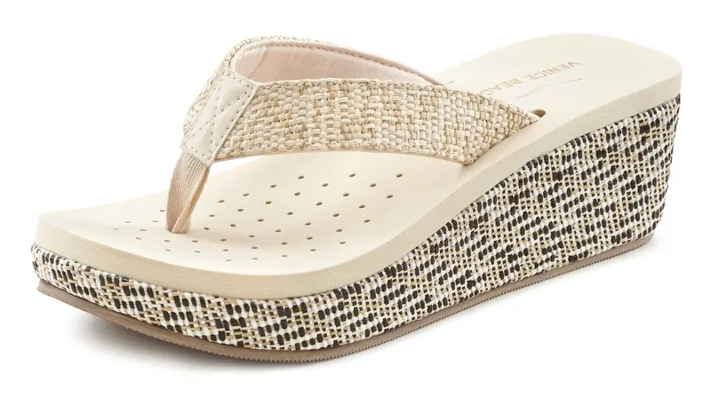VENICE BEACH VENICE BEACH Sandale, Badeschuh, Sommerschuhe, Badelatsche, Flip Flop, Badeschlappe Badezehentrenner Zehentrenner mit geschmücktem Keilabsatz VEGAN, Beige, – Produktbild 3 von 5