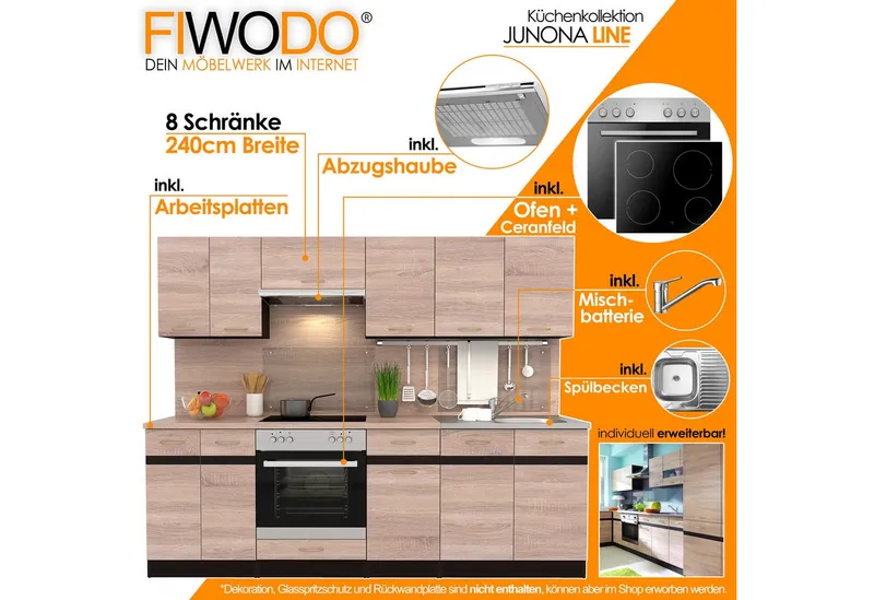 FIWODO.de - Dein Möbelwerk im Internet Küche Küchenzeile 240cm mit Elektrogeräten komplett Spülbecken Arbeitsplatte, (Set), mit E-Geräten, Breite 240cm, mit Spülbecken, mit Arbeitsplatte, Schwarz, – Produktbild 2 von 5