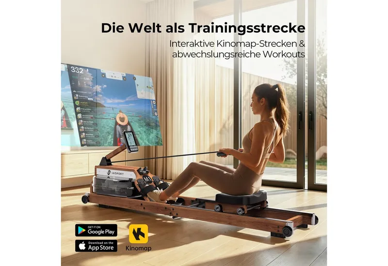 JASPORT Rudergerät M1 Wasserwiderstand aus Holz, klappbar, LCD, für Zuhause, bis 150 kg (Mit Smartphone-/Tablet-Halterung und Transportrollen), FSC-Holz, 20-l-Wassertank, Kinomap, bis 150 kg belastbar, Braun, – Produktbild 5 von 5
