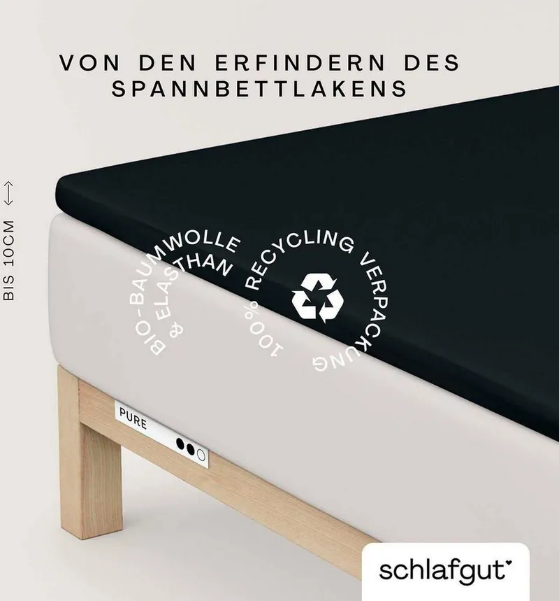 Schlafgut Schlafgut Spannbettlaken PURE TOPPER Bio-Baumwolle mit Elasthan 170 g/m² für Topper bis 10 cm, Jersey-Elasthan, Gummizug: rundum, (1 Stück), PREMIUM Laken für Matratzen bis 10 cm Höhe, dehnbar, blickdicht, Schwarz, – Produktbild 2 von 5