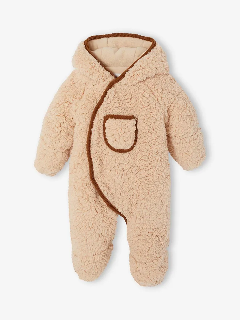 Vertbaudet Vertbaudet Winteroverall mit Kapuze Neugeborenen Fellimitat, Sandfarben, – Produktbild 1 von 3