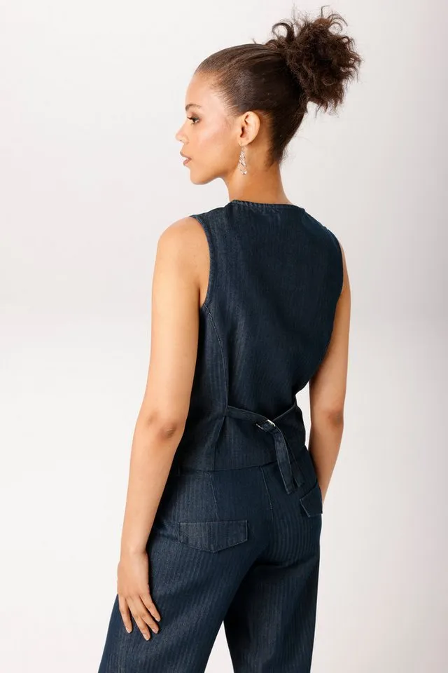 Aniston CASUAL Kurzweste aus strukturiertem, weichen Denim - NEUE KOLLEKTION, Blau, – Produktbild 3 von 5