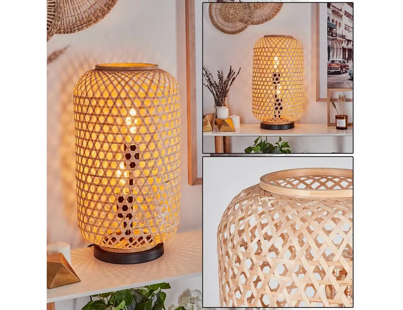 hofstein Tischleuchte moderne Boho Tischlampe aus Metall/Bambus in Schwarz/Natur, ohne Leuchtmittel, Schirm in Gitter-Optik, An-/Ausschalter, 2 x E27, ohne Leuchtmittel, Beige, – Produktbild 1 von 5