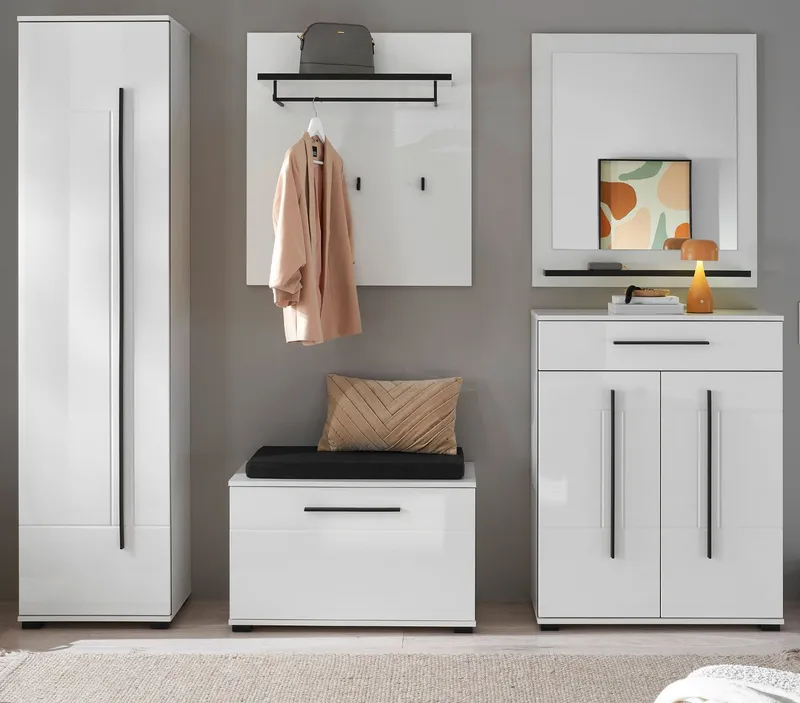 Furn.Design Garderoben-Set Design-D, (Komplett-Set in Weiß Hochglanz, 6-St., 230 x 200 cm), inklusive Sitzkissen, Soft-Close-Funktion, Weiß, – Produktbild 1 von 5