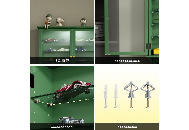 SoBuy Hängevitrine FSB114-E, Wandvitrine mit Sensor-LED-Licht, schmaler Hängeschrank (1er Set) Sammlervitrine mit 2 Glastüren, 4 verstellbaren Glasböden und 4 Haken, Grün, – Produktbild 4 von 5