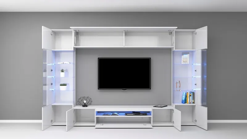 OTTO home Wohnwand New Egypt, (4-St., Breite 290cm), bestehend aus 2 Stauraumvitrinen, 1 Lowboard, 1 Hängeschrank, Weiß, – Produktbild 4 von 5