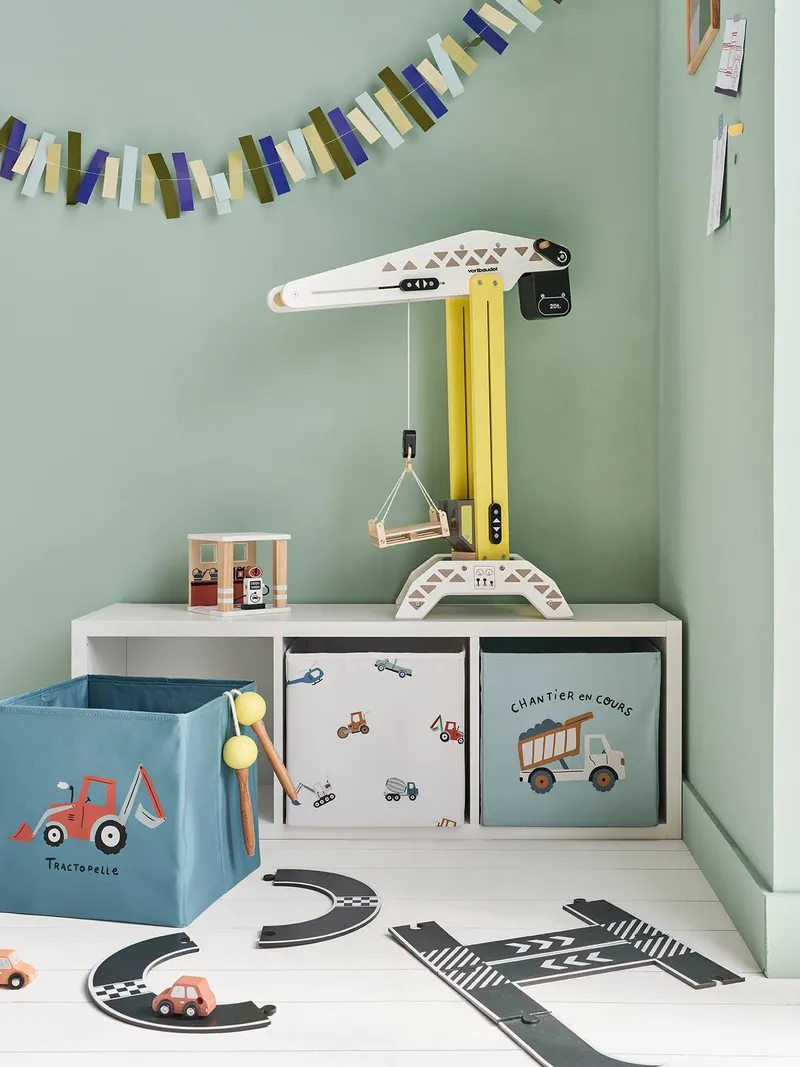 Vertbaudet Vertbaudet 3er-Set Kinderzimmer Aufbewahrungskörbe Baustellenfahrzeuge, Grün, – Produktbild 1 von 5