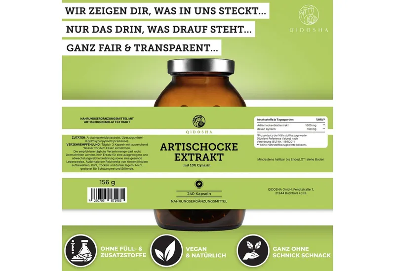 QIDOSHA Artischocken Kapseln 1800 mg mit 10 % Cynarin Hartkapsel, 1 er 240 St., 173.3 g, Leber-Galle-Komplex – Produktbild 4 von 5