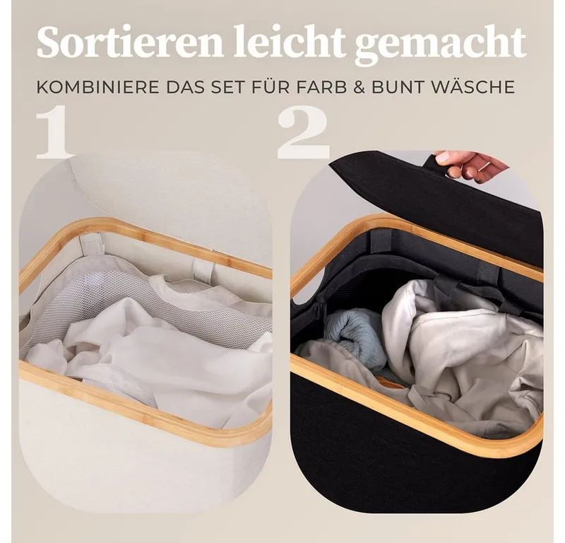 HENNEZ Wäschekorb mit Griff aus Bambus, 100 l – Wäschekorb mit Deckel, Schwarz, – Produktbild 4 von 5