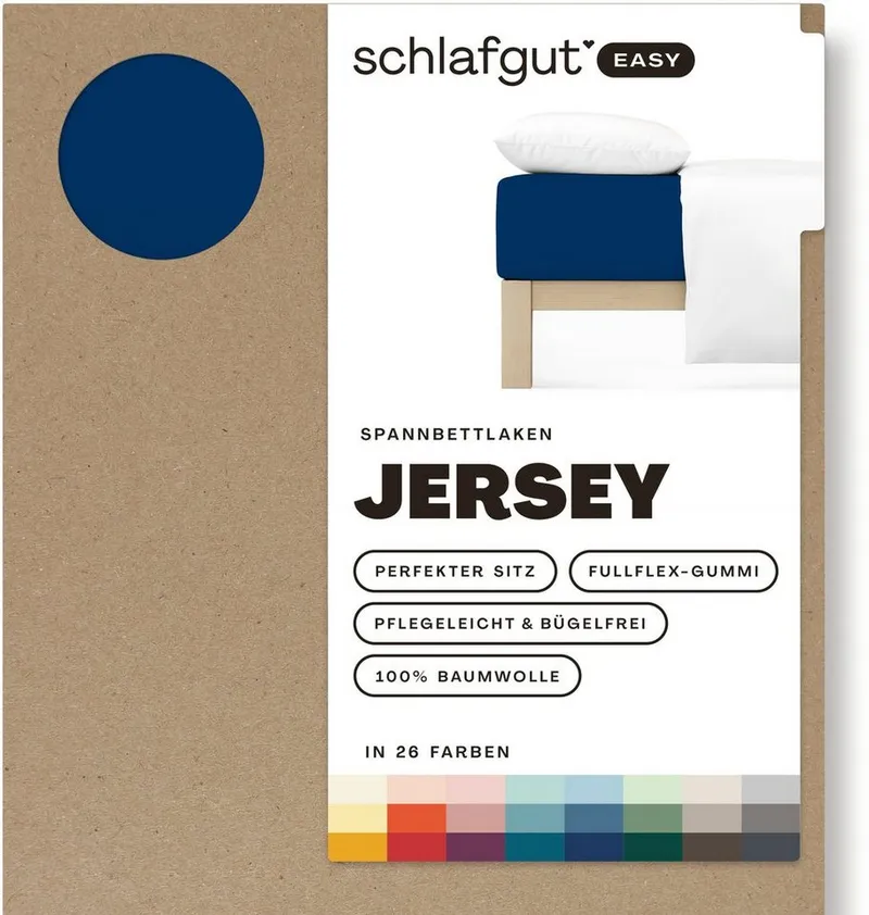 Schlafgut Schlafgut Spannbettlaken EASY JERSEY Bettlaken, 150 g/m², 100% Baumwolle, Spannbetttuch, Jersey, Gummizug: rundum, (1 Stück), Spannbettlaken bis 22 cm Höhe, bügelfrei, pflegeleicht, perfekter Sitz, Blau, – Produktbild 4 von 5