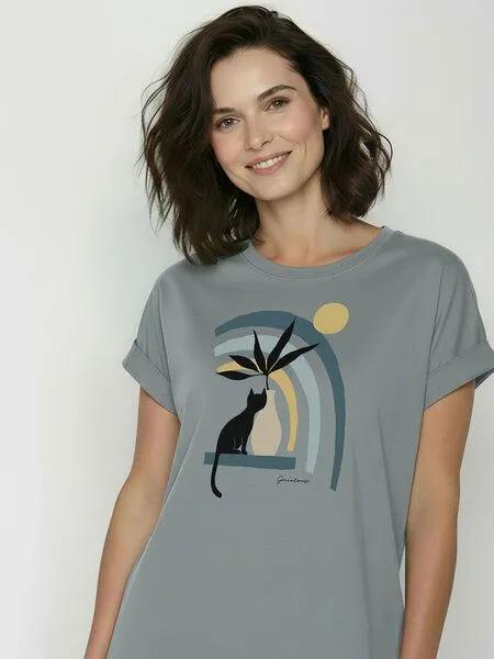 GreenBomb GREENBOMB Cat Vase Loony - Sportliches T-Shirt aus Bio-Baumwolle mit Rollup Sleeve / hochwertiger Print / GOTS / Fair & Vegan, Grau (fogstone), – Produktbild 2 von 4