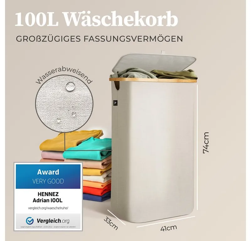 HENNEZ Wäschekorb mit Griff aus Bambus, 100 l – Wäschekorb mit Deckel, Beige|weiß, – Produktbild 3 von 5