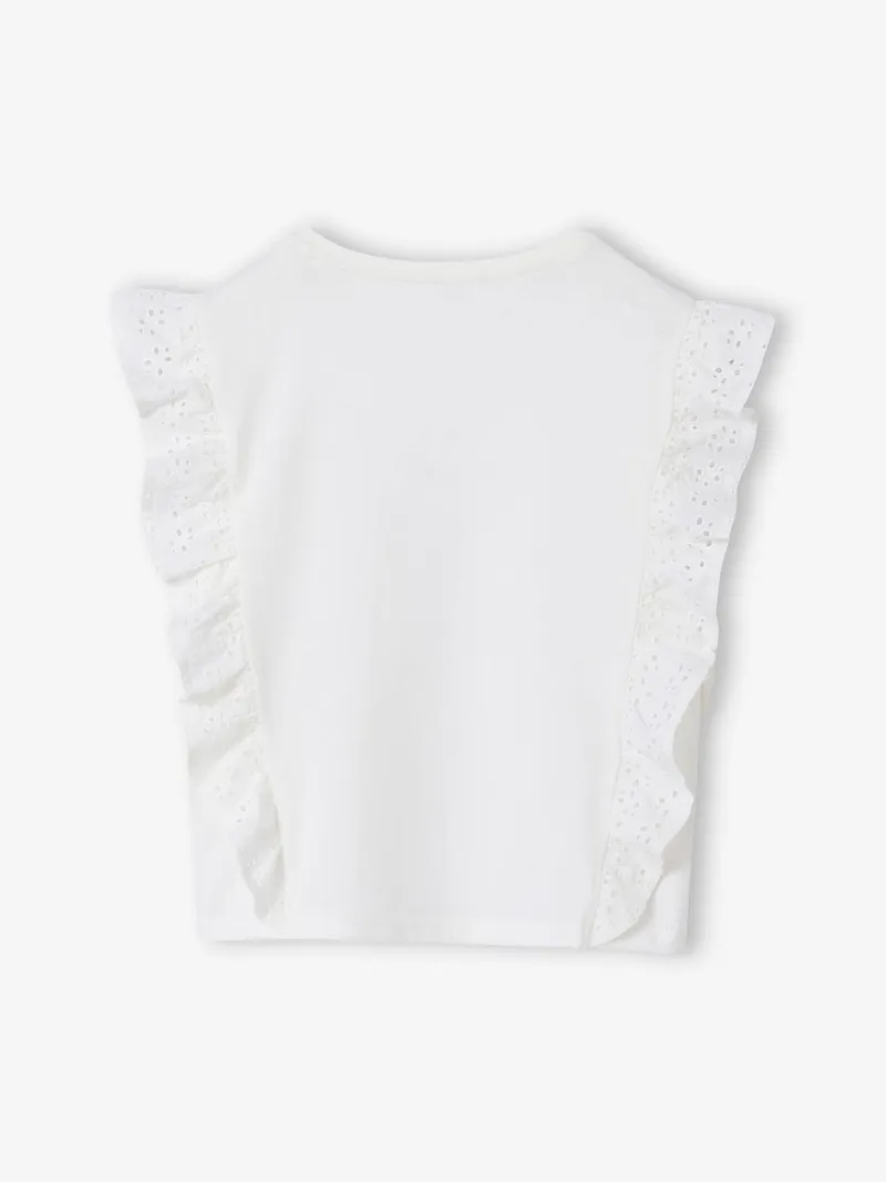 Vertbaudet Mädchen T-Shirt mit Lochstickerei-Volants, Wollweiß, – Produktbild 2 von 3