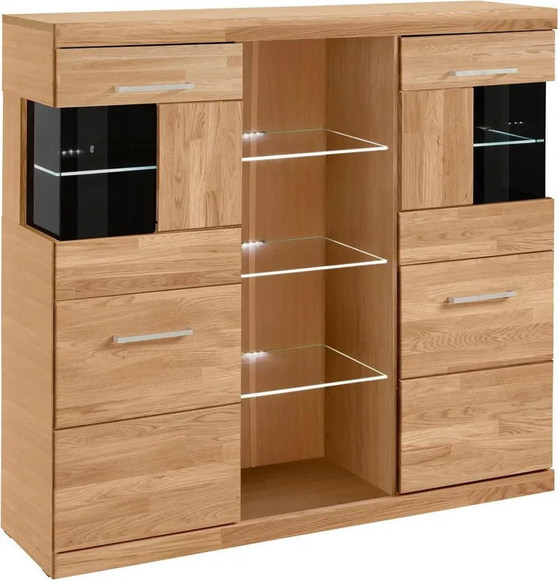 OTTO home Highboard Ribe,120cm breit,112cm hoch,Oberplatte massiv,12 Fächer, Holz massiv, Holzwerkstoff, Metall Griffe,2Türen mit Glaseinsatz, Braun, – Produktbild 4 von 8