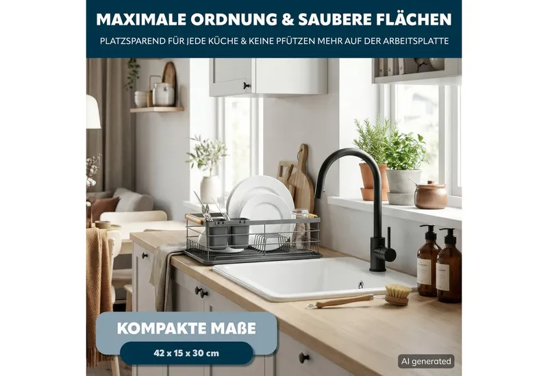 eluno Geschirrständer Metall-Abtropfgestell mit Abtropfschale für Geschirr mit Besteckhalter, Grau, – Produktbild 2 von 5