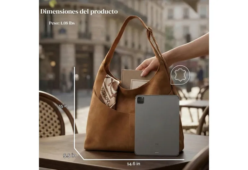 Oemmn Schultertasche große Damen Wildleder Tasche mit Reißverschluss & verstellbarem Gurt, Handtasche Damen aus weichem veganem Leder mit Fächern, Khaki, – Produktbild 4 von 5