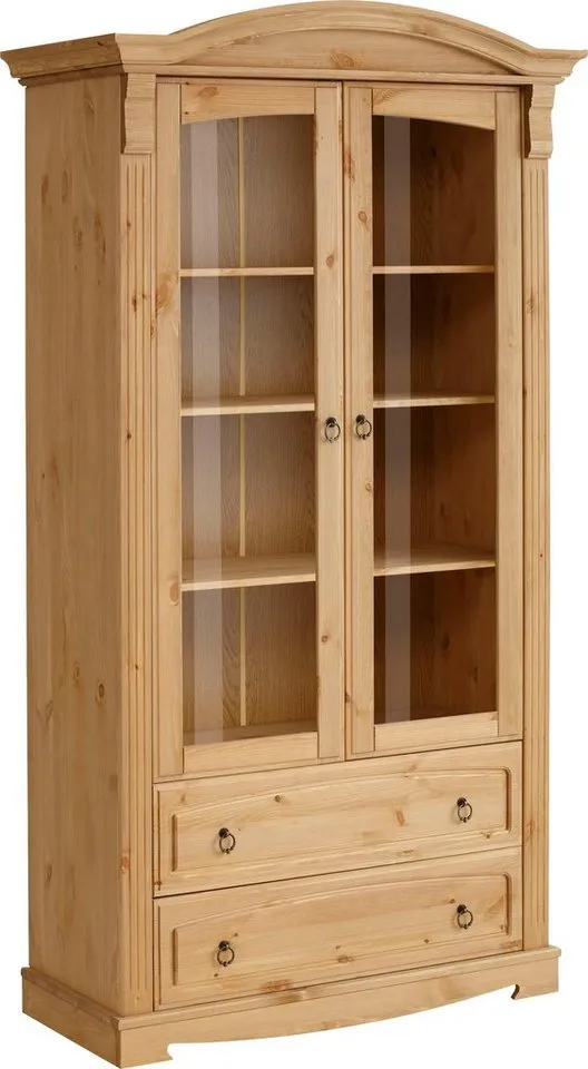 OTTO home Glasvitrine Anna, Standvitrine, Vitrinenschrank, Vitrine (Gesamtmaße (B/T/H): ca. 97/46/188 cm) mit Glastüren, 2 Schubladen, Höhe 188 cm, aus massiver Kiefer, FSC®, Beige, – Produktbild 2 von 4