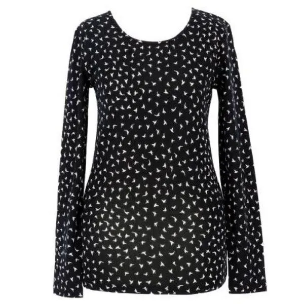 Kokon Zwo Kokon Zwo Basic Rundhalsshirt Langarm 60% Seide (peacesilk), 40% Baumwolle (kbA), Vogeldruck schwarz/weiß, – Produktbild 2 von 3