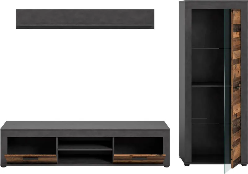 OTTO home Wohnwand AOSTA, Breite 235cm, 3-teilige Wohn-Kombination, (3-St., bestehend aus: Lowboard, Wandboard, Vitrine), Wohnwand, Kombination, Anbauwand, Möbel Set, Schrankwand, Möbel Kombi, Grau, – Produktbild 4 von 4