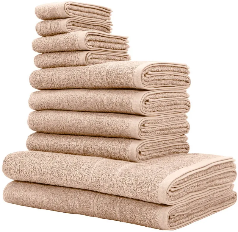 OTTO home Handtuch Set Inga, 3 Qualitäten, Duschtücher, Handtücher, Gästetücher, Seiftücher, Walkfrottier (10-St), Handtücher mit feiner Bordüre, 100% Baumwolle, Beige, – Produktbild 1 von 8