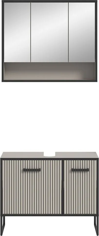 welltime Badezimmer-Set LOCRI, 2-tlg. Badkombination, Breite 80 cm, Rillenoptik, Metallkufen, (2-St., bestehend aus: Waschbeckeunterschrank & Spiegelschrank), Bad-Kombination, Bad-Möbel, Badezimmer, Kombination, Kombi, Beige|schwarz, – Produktbild 4 von 5