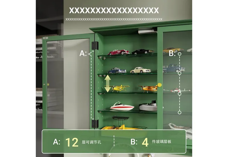 SoBuy Hängevitrine FSB114-E, Wandvitrine mit Sensor-LED-Licht, schmaler Hängeschrank (1er Set) Sammlervitrine mit 2 Glastüren, 4 verstellbaren Glasböden und 4 Haken, Grün, – Produktbild 2 von 5