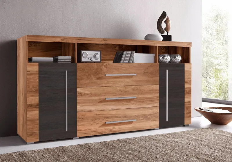 OTTO home Sideboard Roger,Breite 182cm, stilvolle Schrank, 2 Holztüren 3 Schubladen, Kommode mit viel Stauraum, Einlegeböden verstellbar, Braun, – Produktbild 4 von 5