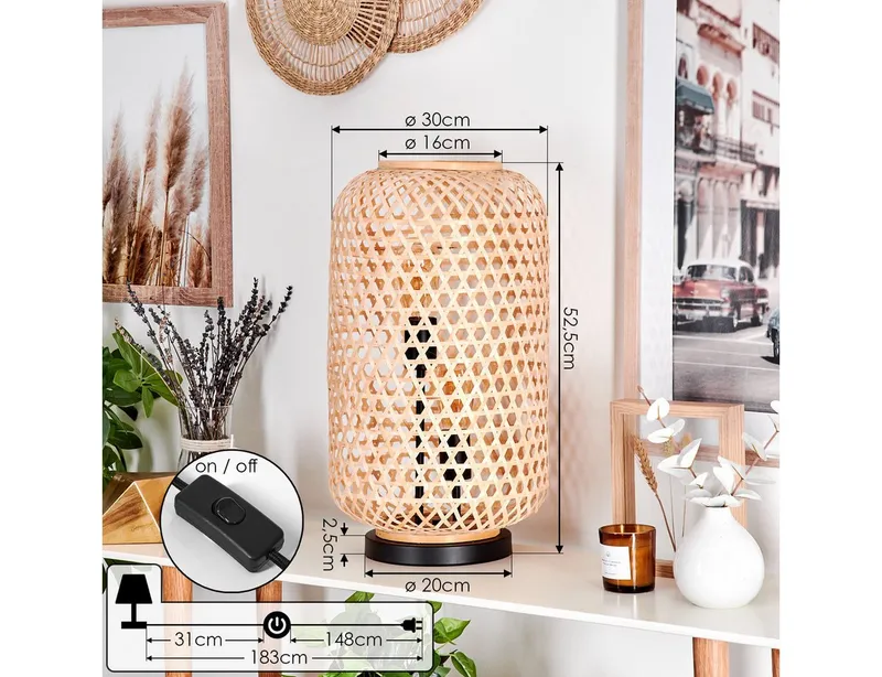 hofstein Tischleuchte moderne Boho Tischlampe aus Metall/Bambus in Schwarz/Natur, ohne Leuchtmittel, Schirm in Gitter-Optik, An-/Ausschalter, 2 x E27, ohne Leuchtmittel, Beige, – Produktbild 4 von 5