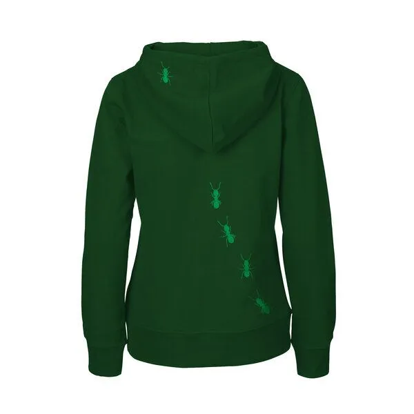 HANDGEDRUCKT HANDGEDRUCKT "Ameisen" Frauen Zip-HOODY aus reiner Biobaumwolle (kbA), Bottlegreen, – Produktbild 1 von 2