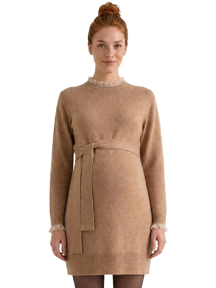 Vertbaudet Vertbaudet Umstandskleid Umstands-Strickkleid mit Bindegürtel und Rüschen, Grau, – Produktbild 3 von 5