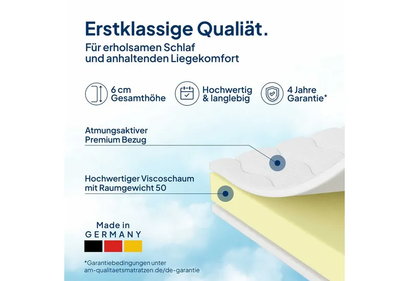 AM Qualitätsmatratzen, Topper Viscoschaum, Premium Visco-Topper, Memory Foam, Druckentlastend, 6 cm hoch, Viscoschaum (6cm), 80x200 cm, Weiß, – Produktbild 3 von 5