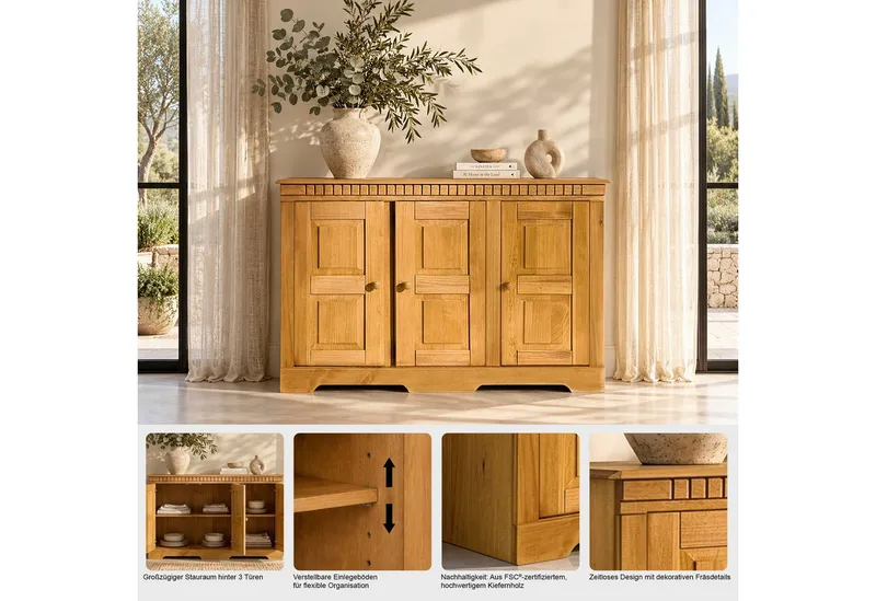 OTTO home Sideboard Lisa, Kommode aus massivem Kiefernholz, Breite 158,5 cm, Beige, – Produktbild 8 von 8