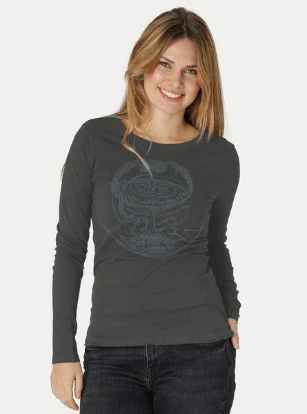 Peaces.bio - handbedruckte Biomode Peaces.bio - handbedruckte Biomode Bio-Damen-Langarmshirt "Weltenesche", Graphitgrau, – Produktbild 2 von 3