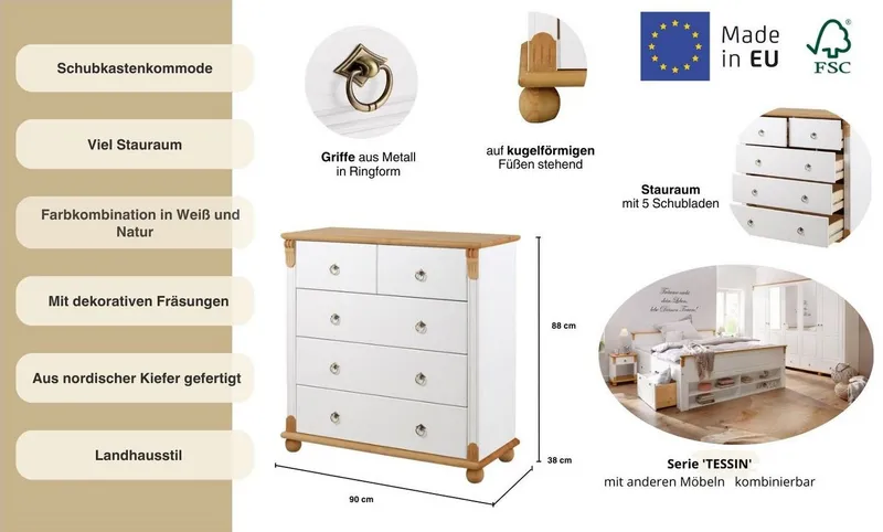 OTTO home Schubkastenkommode Tessin, aus massiver, FSC zertifizierter Kiefer, mit 5 Schubladen, Weiß, – Produktbild 4 von 8