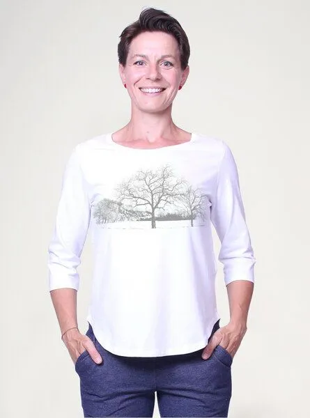 Peaces.bio - handbedruckte Biomode Peaces.bio - handbedruckte Biomode Dreiviertelarm-Shirt Landscape, Weiss, – Produktbild 2 von 2