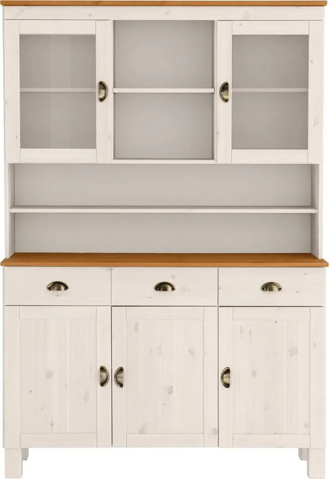 Home affaire Küchenbuffet Oslo 125 cm breit, aus massiver Kiefer, mit 2 Glastüren, Metallgriffe, Weiß, – Produktbild 3 von 5
