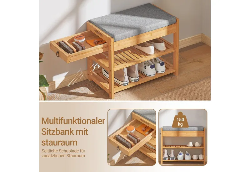 SoBuy Sitzbank FSR47, Schuhbank mit Sitzfläche Garderobenbank Schuhregal Sitzbank Bambus, Beige, – Produktbild 4 von 8