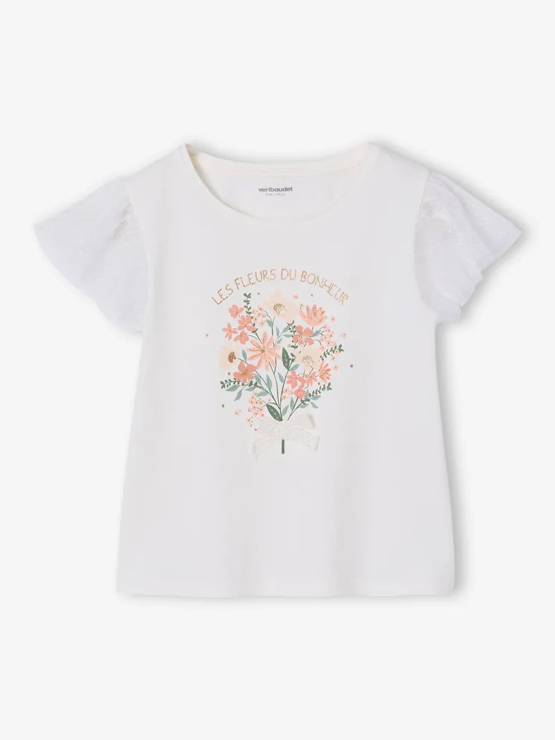 Vertbaudet T-Shirt mit Tüllärmeln und Blumenmotiv, Weiß, – Produktbild 1 von 4