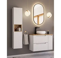 Lomadox Badmöbel-Set NEWPORT-56-WHITE, (Spar-Set, 3-St., Hochschrank LED-Spiegel Waschtisch Badregal), in weiß mit gerillter Front, inkl. LED-Beleuchtung – Produktbild 1 von 1
