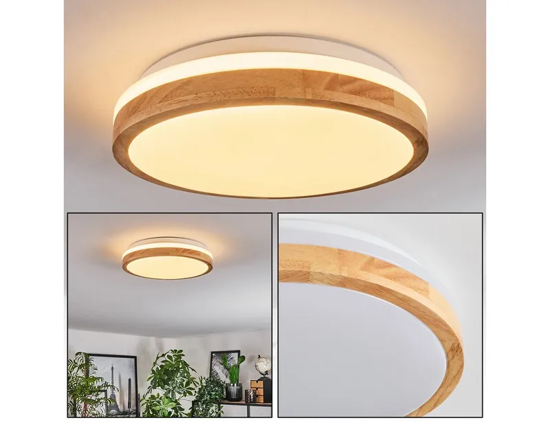 hofstein Deckenleuchte moderne Deckenlampe aus Metall/Bambus/Kunststoff in Weiß/Natur, LED wechselbar, 3000 Kelvin, Leuchte im angesagten Boho-Design (28cm), 1700 Lumen, LED 16 W, Beige|weiß, – Produktbild 1 von 5
