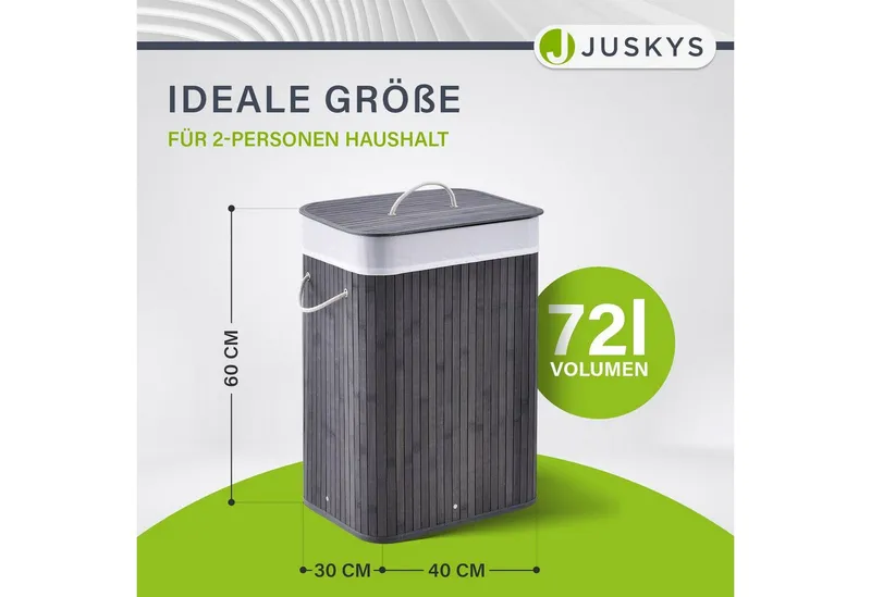 Juskys Wäschekorb Curly 72 L in Grau aus Bambus mit Deckel & waschbarem Wäschesack, Wäschesammler für 2 Personen, faltbar mit Griffen, 40 x 30 x 60 cm, Grau, – Produktbild 2 von 5