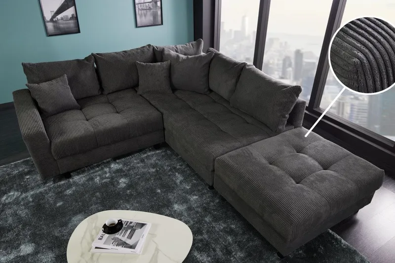 riess-ambiente Ecksofa KENT 220cm dunkelgrau - Cord, L-Form, Federkern, Hocker & Kissen, FSC, Set 2 Teile, Wohnlandschaft in Familiengröße - ideales Design fürs Wohnzimmer, Grau, – Produktbild 1 von 5