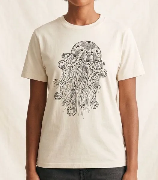 vis wear vis wear Yoga Qualle - Göttin im Ozean - Pure Natural Bio Baumwolle Shirt - Front Print, Natural, – Produktbild 3 von 3
