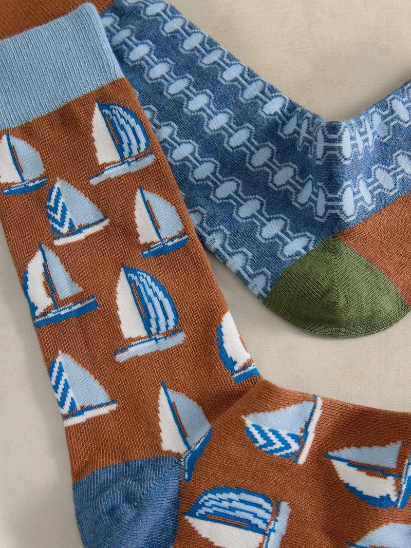 White Stuff 2-er Pack Socken Segelmotiv - 41-43, Dunkelgelbgrün, – Produktbild 2 von 2